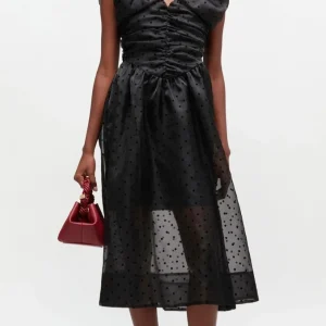 Flocked Organza Long Ruched Dress, Black